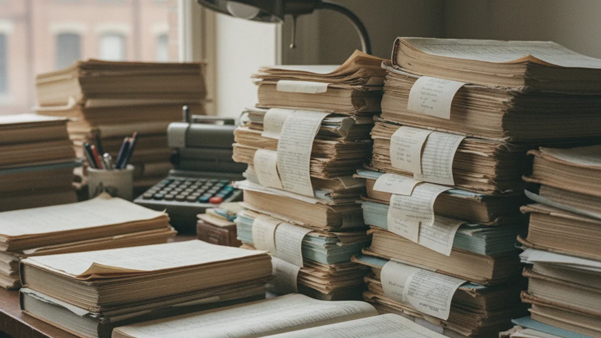 Documentos financieros municipales apilados sobre una mesa de oficina, simbolizando la gestión de la deuda.