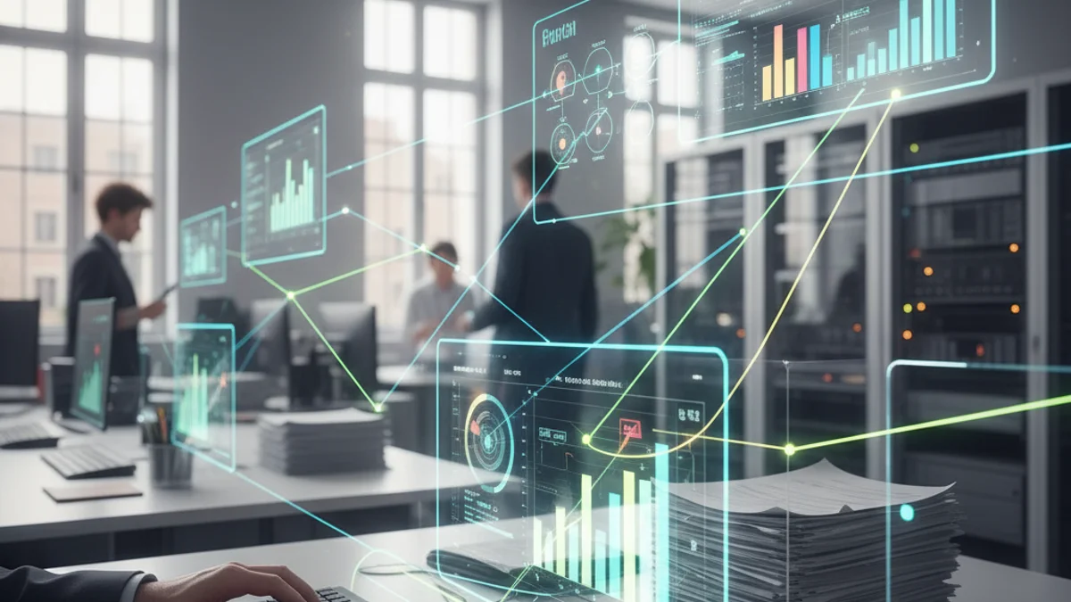 Representación visual de un sistema de inteligencia artificial gestionando datos administrativos en un entorno municipal.