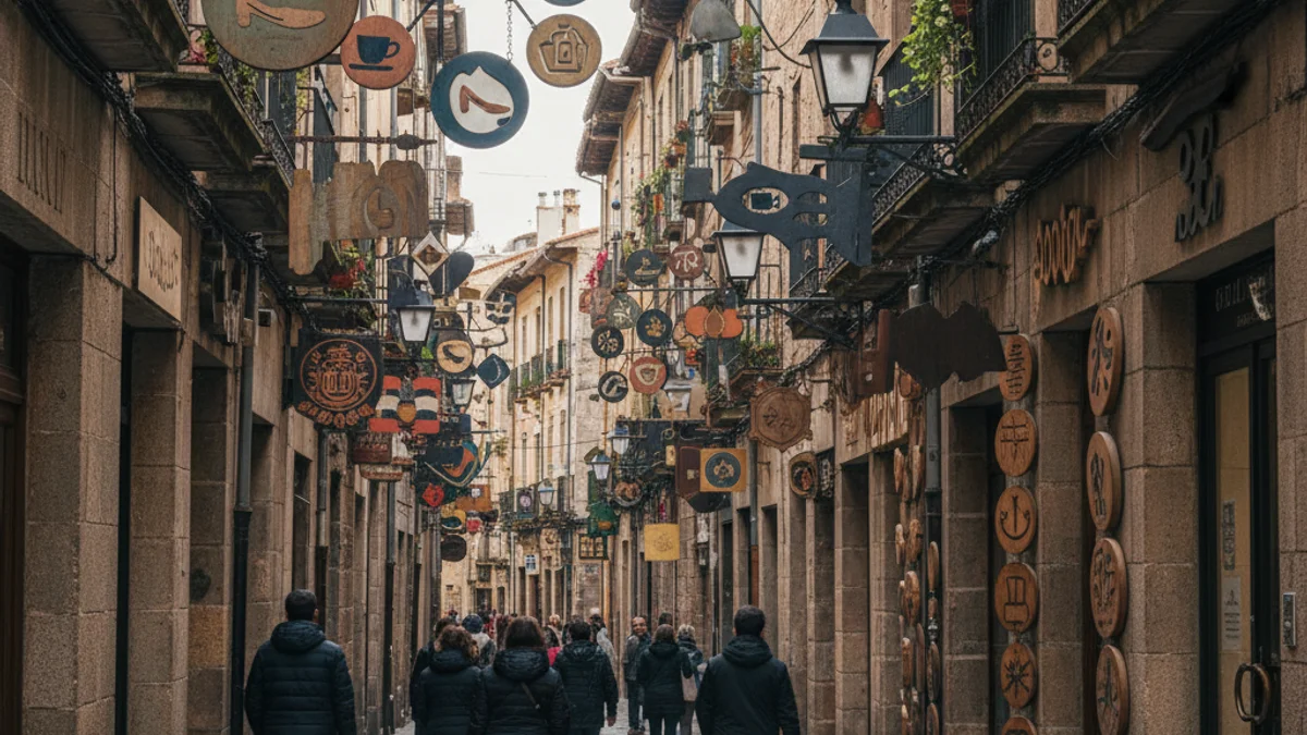 Vista de una zona comercial urbana con varios tipos de negocios modernos y tradicionales muy cerca.