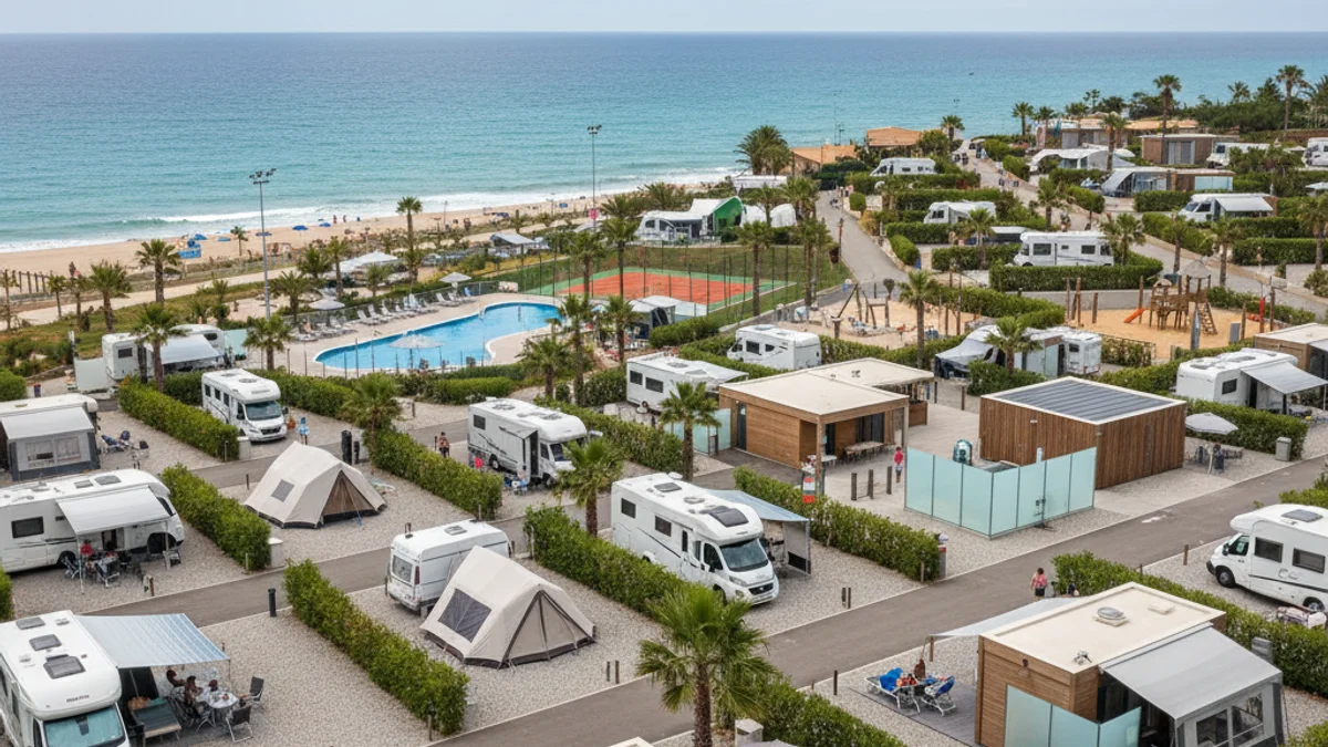Imagen genérica de un camping de playa con caravanas y tiendas de campaña bajo el sol, simbolizando la excelencia turística.