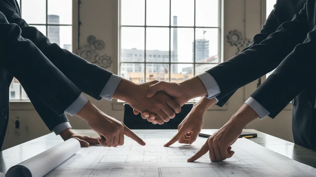 Representación de la cooperación empresarial: manos de diferentes personas colaborando sobre una mesa de reunión.