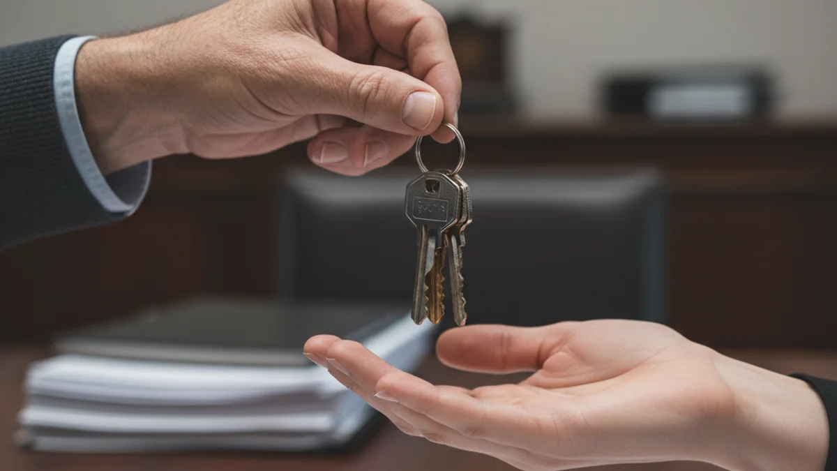 Una mano de un adulto mayor entregando las llaves de una vivienda a la mano de un joven, simbolizando una donación intergeneracional.