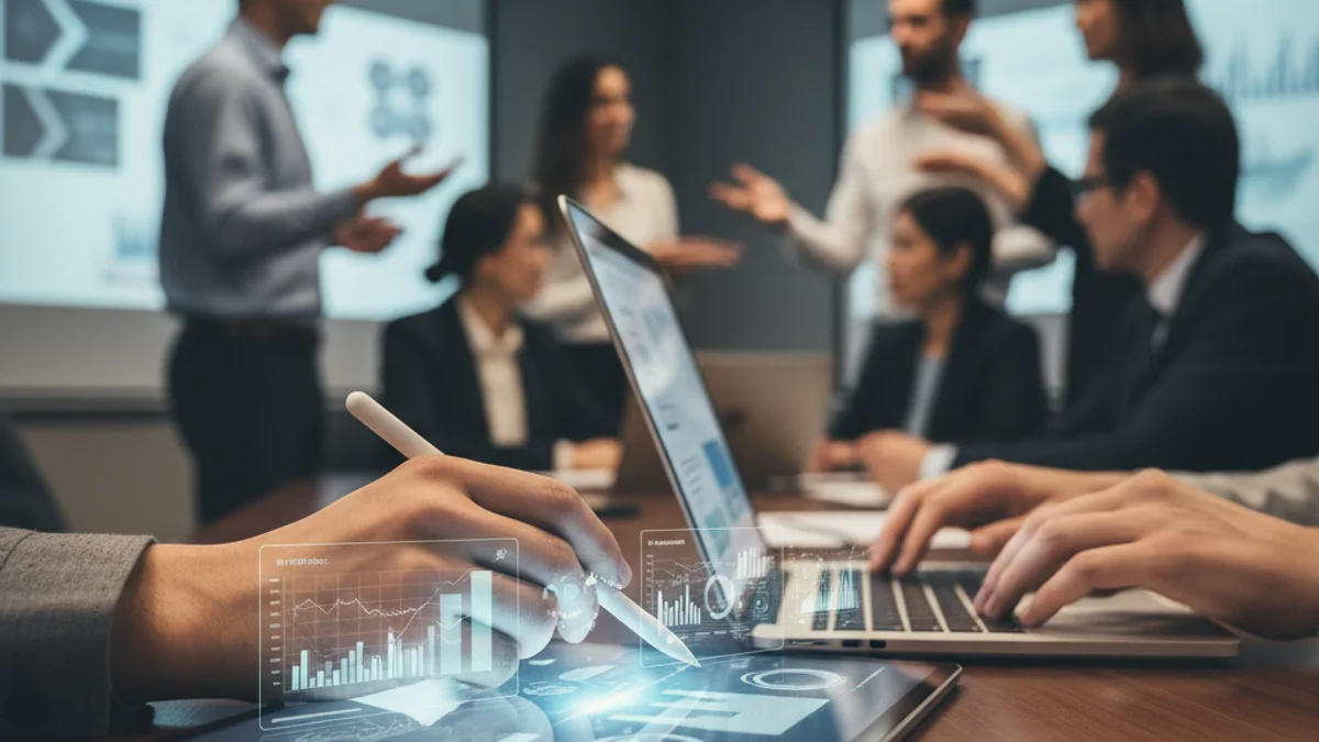 Una silueta de una persona utilizando una tableta digital en un entorno de negocio moderno, simbolizando la digitalización.