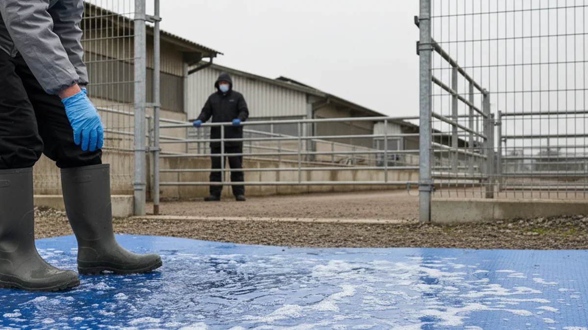 Imagen genérica de medidas de bioseguridad en una granja porcina, como desinfectantes o barreras de protección.