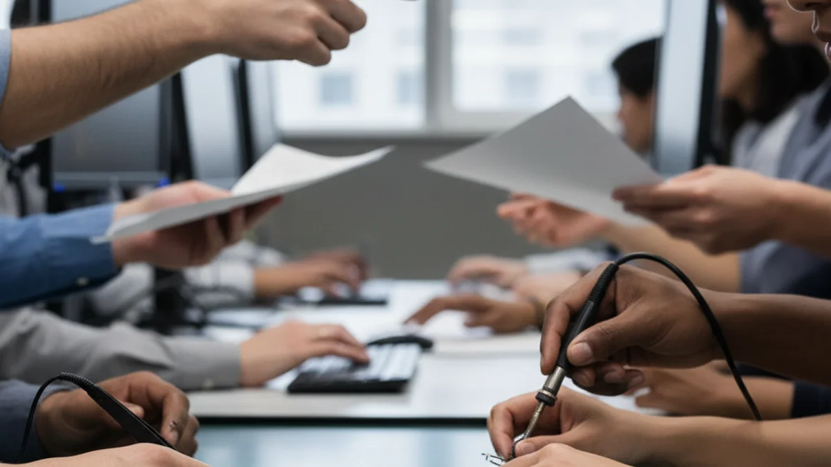 Manos diversas trabajando en un entorno industrial o de oficina, simbolizando el crecimiento de la afiliación a la Seguridad Social.