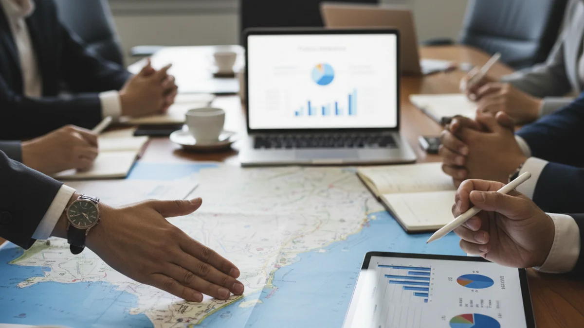 Representación visual de una reunión de negocios o una asamblea sobre planificación turística.
