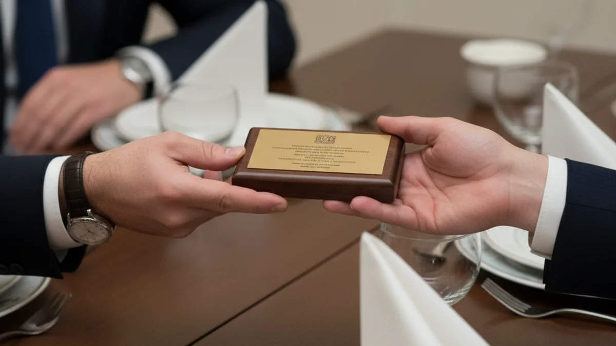 Imagen genérica de una placa conmemorativa o un obsequio durante una cena de negocios.