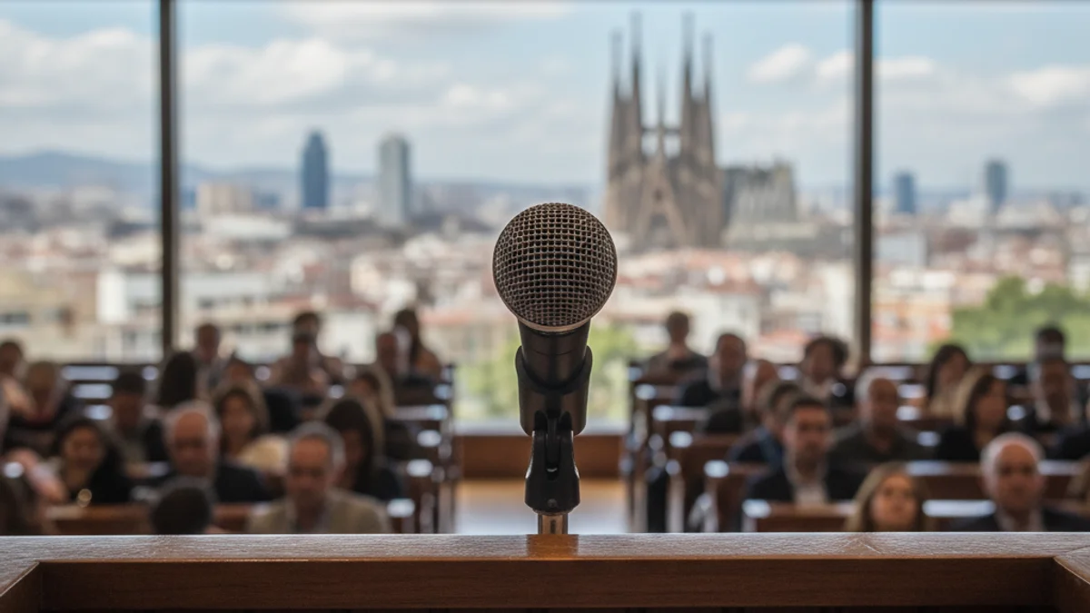 Una silueta de un economista hablando en un podio con un fondo urbano difuminado de Barcelona.
