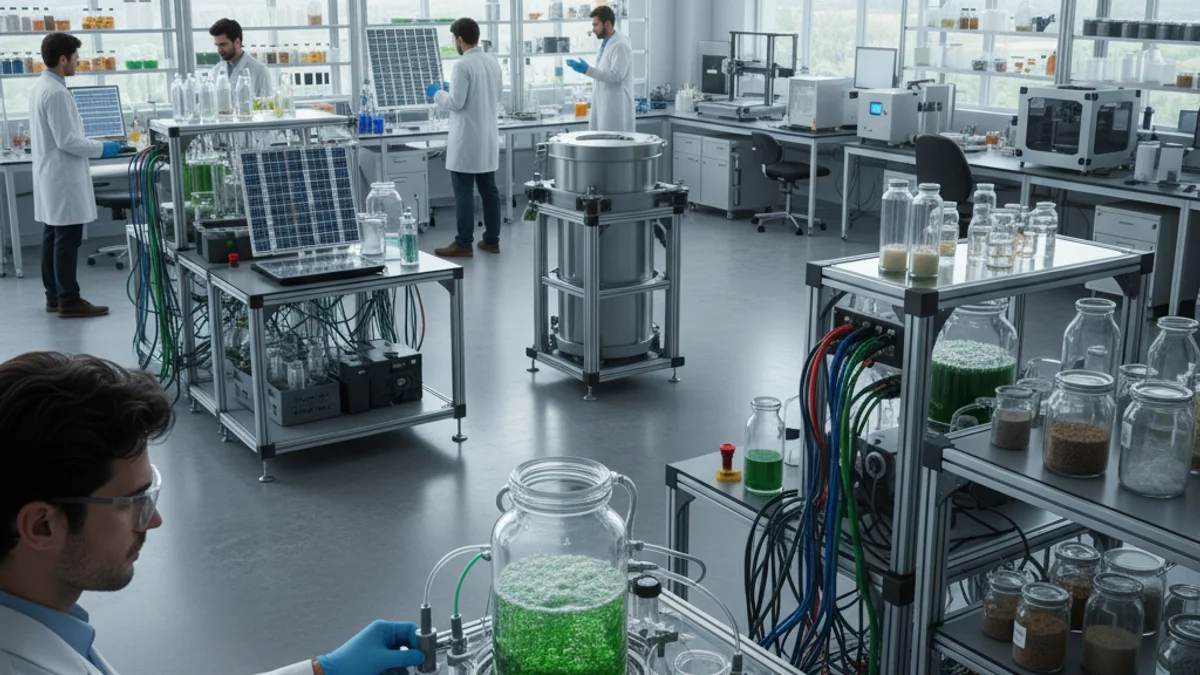 Imagen genérica de un laboratorio o centro de innovación con figuras borrosas trabajando en proyectos de sostenibilidad.