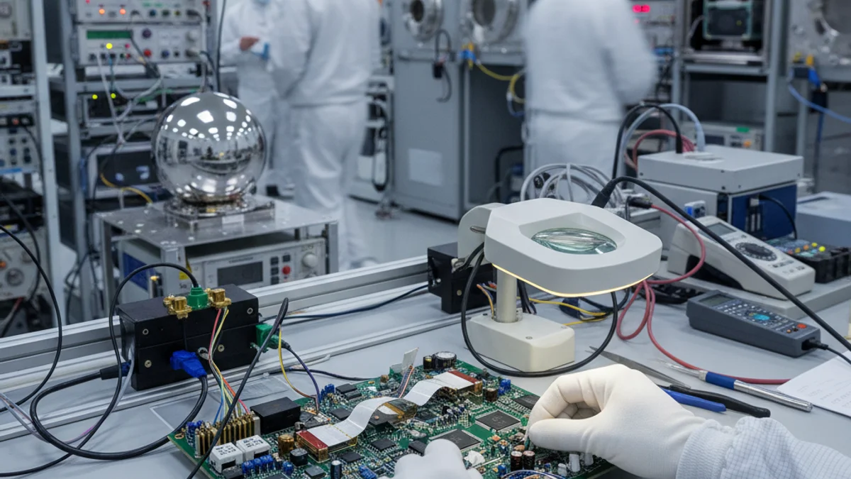 Representación de un laboratorio de electrónica espacial con cables y sensores, sin personas reconocibles.