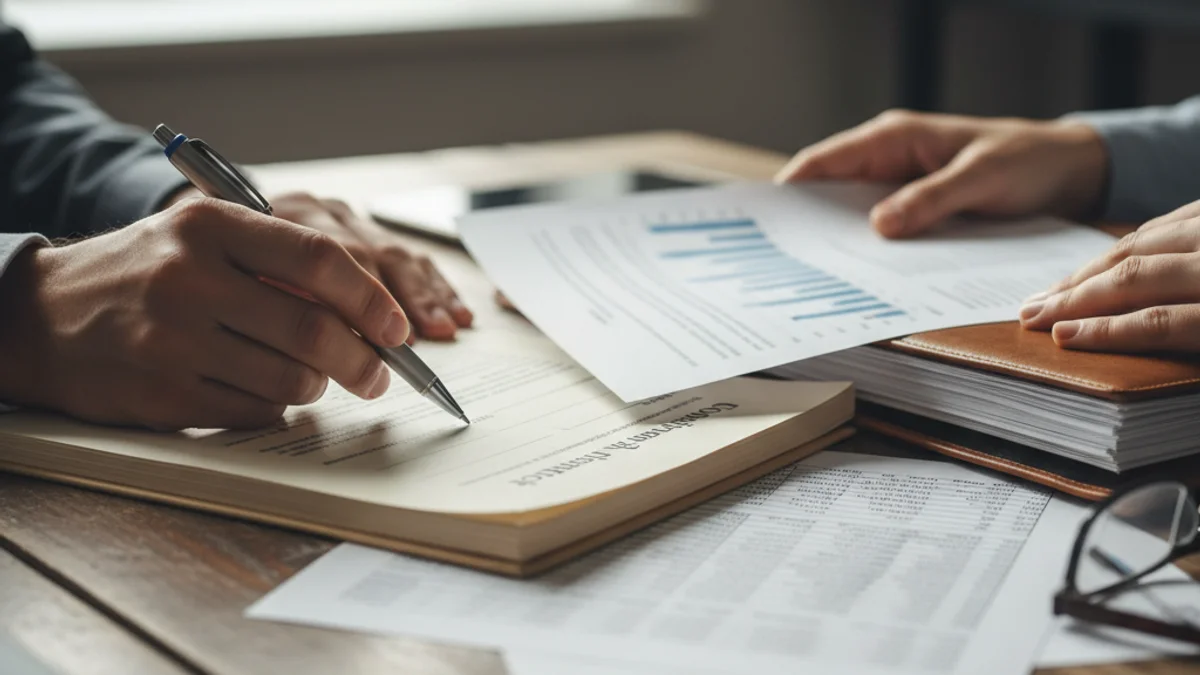 Una mano firmando documentos financieros sobre una mesa, simbolizando la solicitud de una hipoteca.