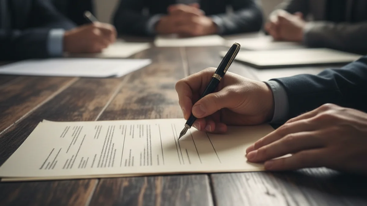 Una mano firmando un documento de contrato o convenio colectivo sobre una mesa de oficina.