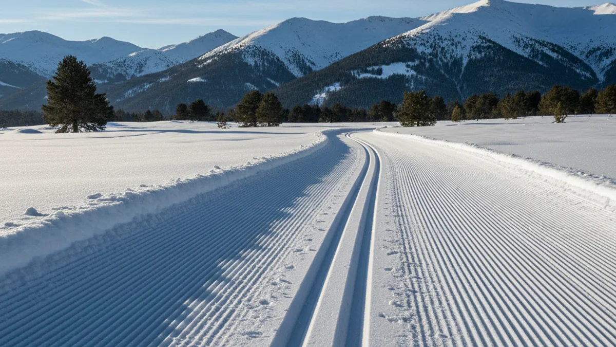 Pistas de esquí de fondo bien preparadas y con nieve abundante en un paisaje de montaña.