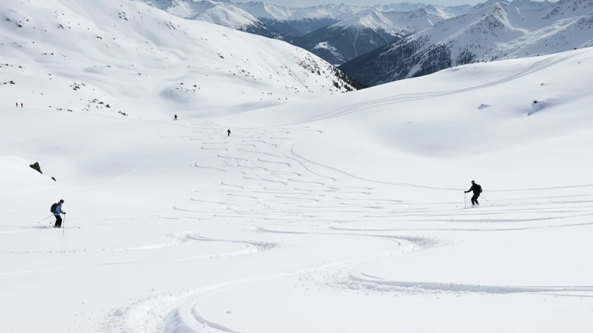 Vista genérica de una pista de esquí con nieve abundante y esquiadores en la distancia.