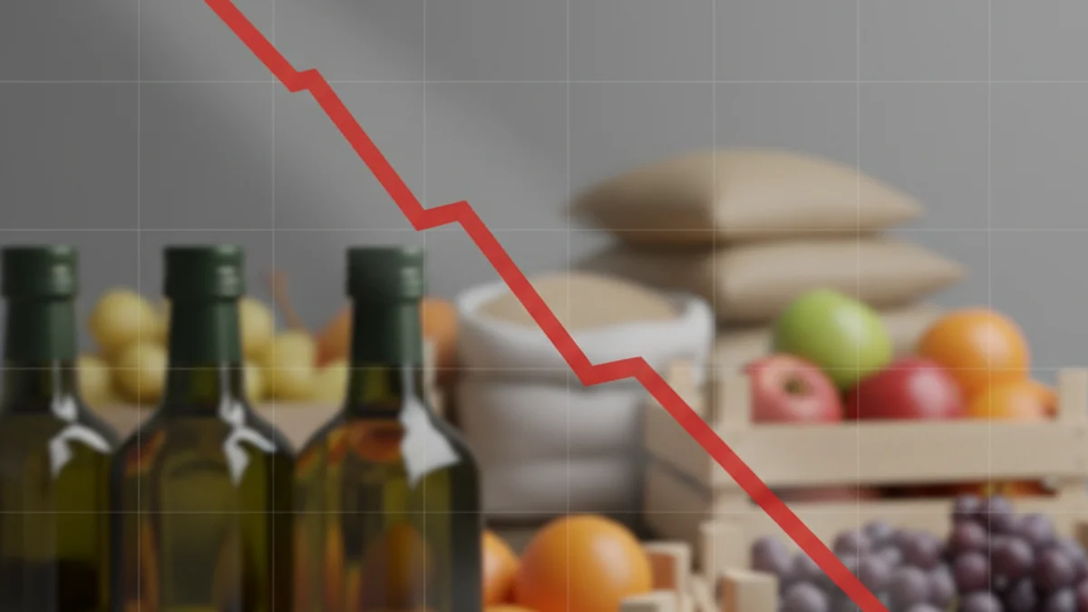 Gráfico que muestra una tendencia a la baja en las exportaciones de productos agroalimentarios, con botellas de aceite de oliva en primer plano.
