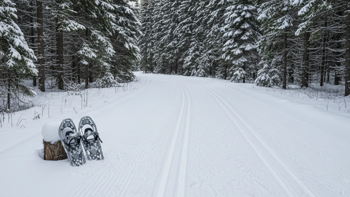 Pistas de esquí de fondo recién pisadas en un bosque nevado, con raquetas de nieve cerca.