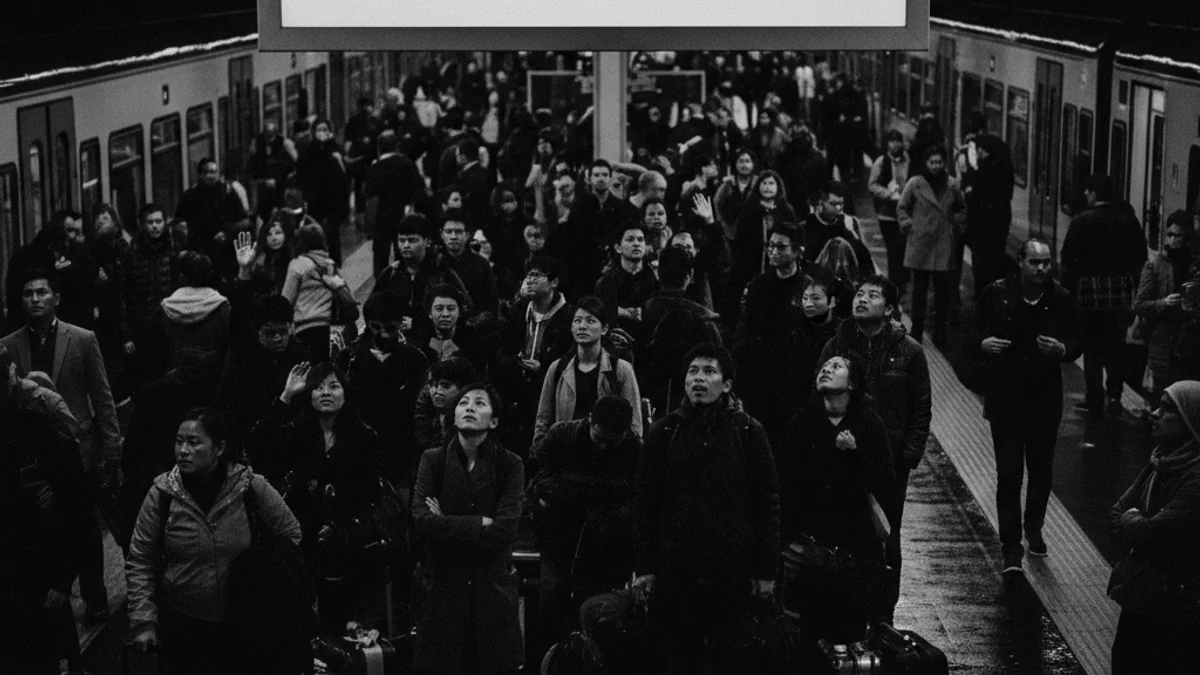 Imagen genérica de viajeros frustrados en el andén de una estación de tren, con figuras borrosas.