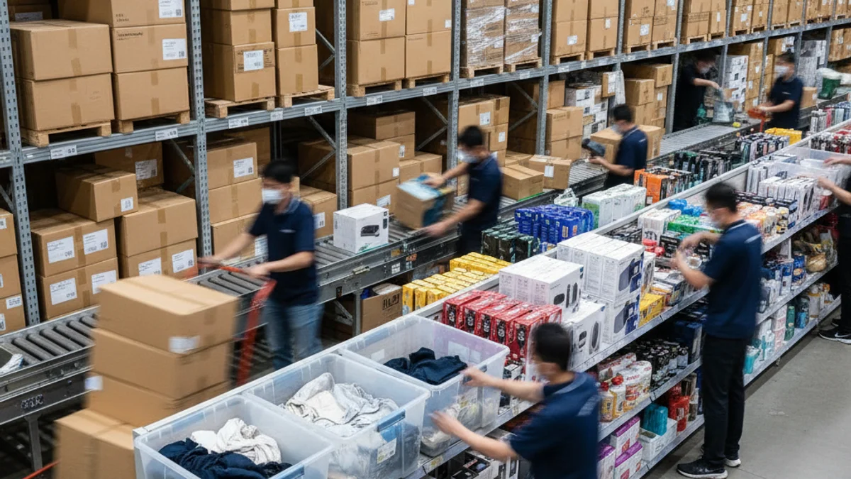 Imagen genérica de trabajadores en un almacén o centro de distribución preparando pedidos para la campaña de rebajas.