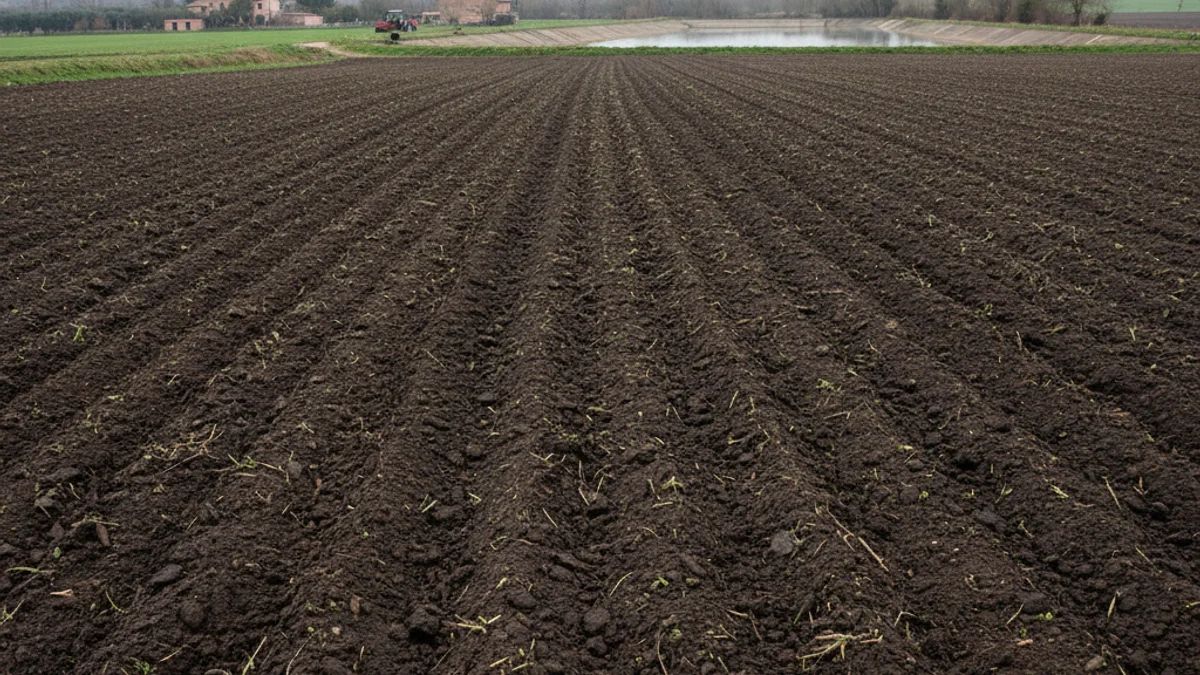 Imagen genérica de un campo agrícola con el suelo húmedo, preparado para la siembra, con un canal de riego al fondo.