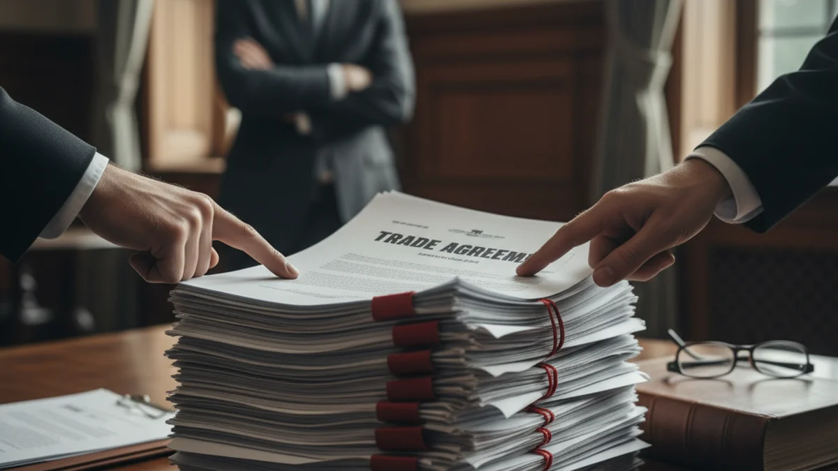 Representación visual de un documento legal o un tratado comercial sobre una mesa de madera, simbolizando la revisión judicial.