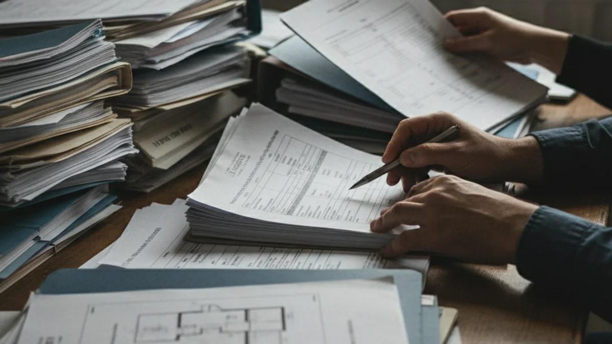 Una pila de documentos y expedientes sobre una mesa, simbolizando la gestión fiscal y las viviendas.