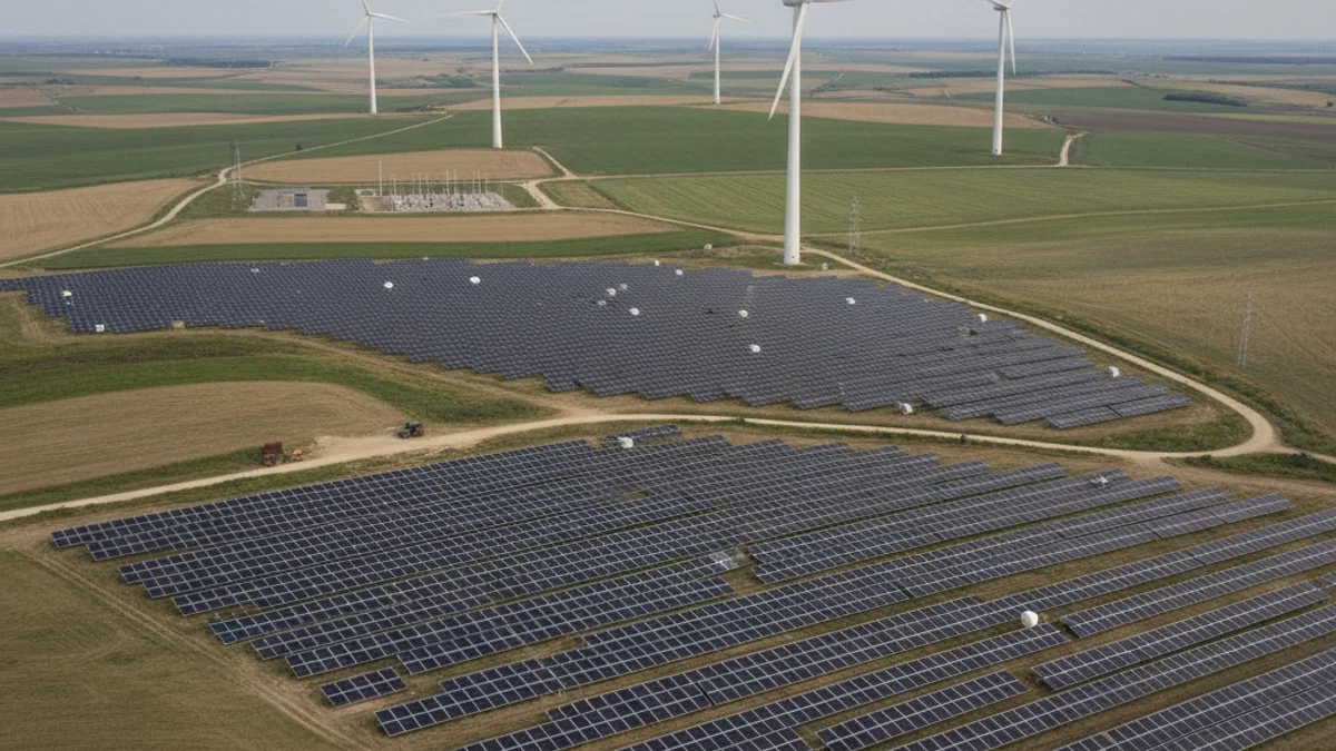 Vista aérea de una gran planta solar fotovoltaica integrada en un paisaje rural, con algunas líneas eléctricas.