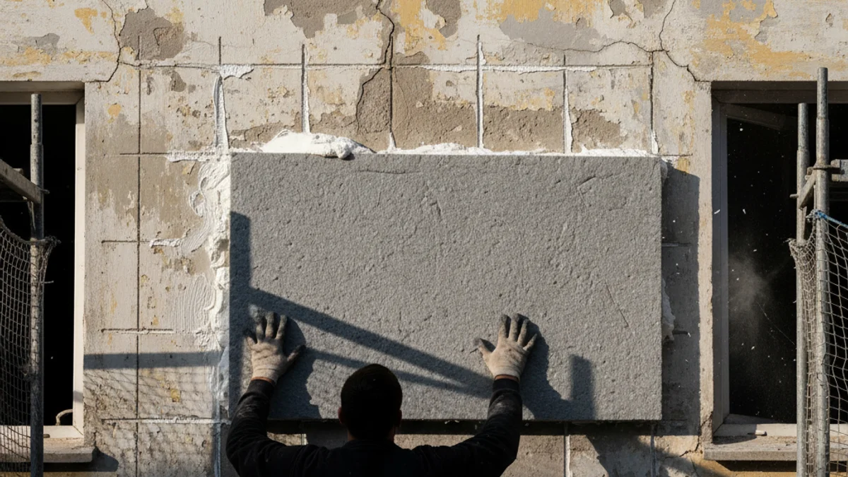 Imagen genérica de un operario instalando aislamiento térmico exterior (SATE) en la fachada de un edificio residencial.