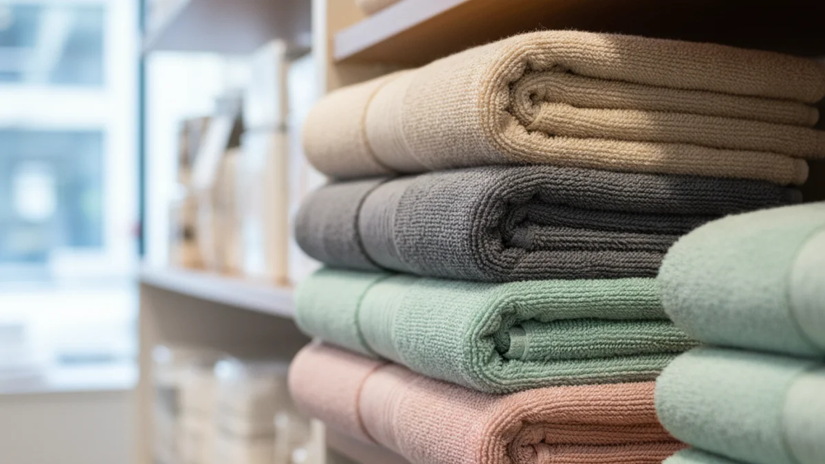Pila de toallas de baño de algodón de colores suaves (beige, gris, menta y rosa) expuestas en un estante de tienda.