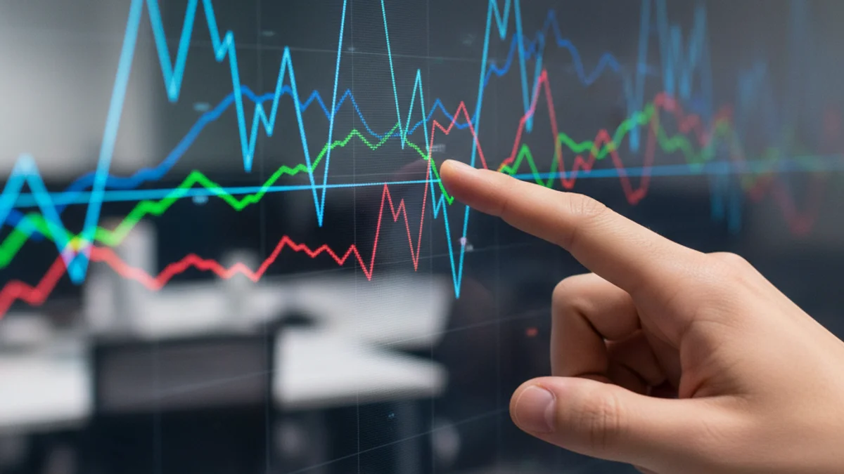 Una persona mirando una pantalla digital que muestra gráficos de inflación y datos económicos con fondo neutro.