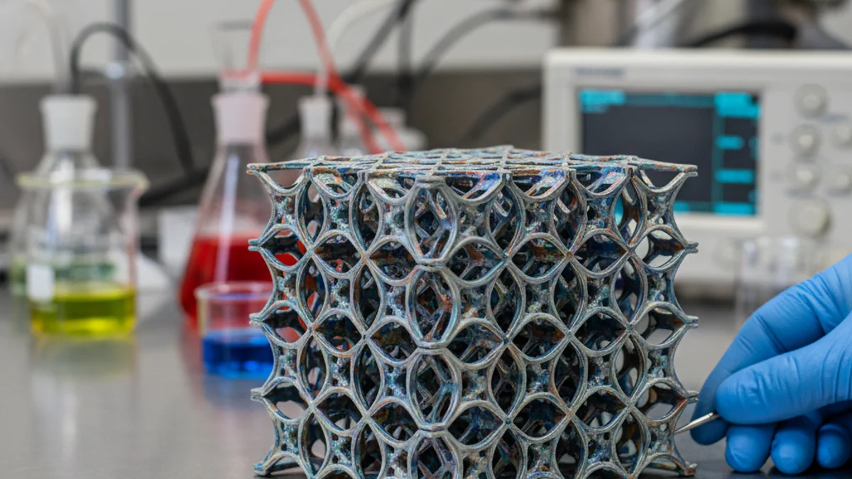 Representación visual de celdas de hidrógeno hechas con cerámica e impresión 3D en un laboratorio de investigación energética.