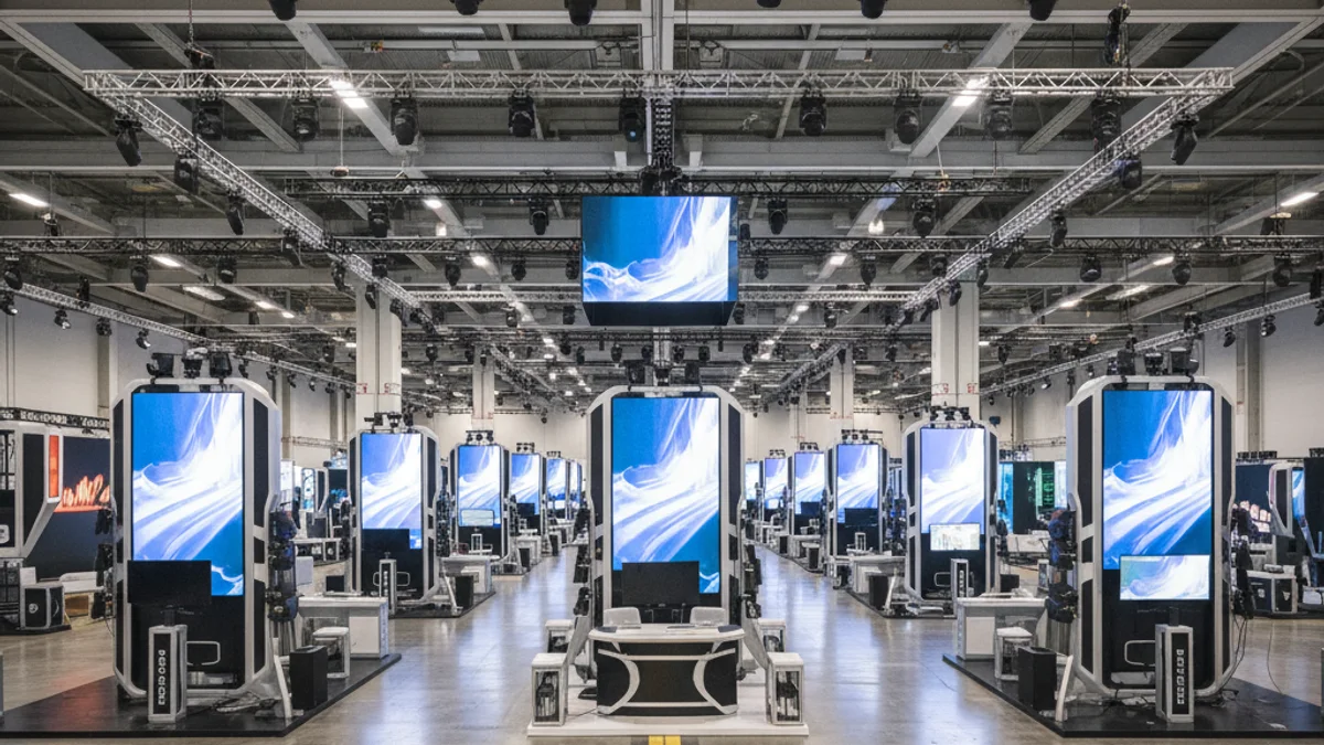 Imagen genérica de un gran espacio de exposición con stands de tecnología audiovisual y figuras borrosas.