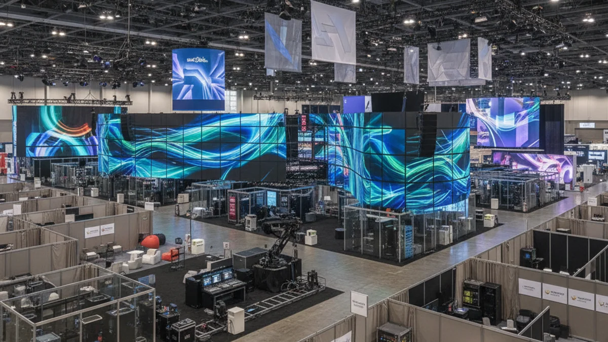 Vista general de un gran pabellón de feria con pantallas audiovisuales y figuras borrosas de visitantes.