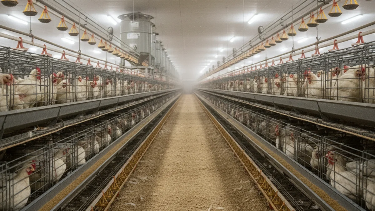 Vista interior de una granja avícola intensiva moderna, con sistemas de alimentación automatizados y muchas aves.