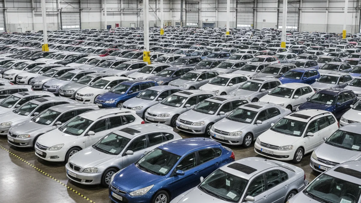 Vista general de un recinto ferial con vehículos de ocasión expuestos bajo una estructura cubierta.