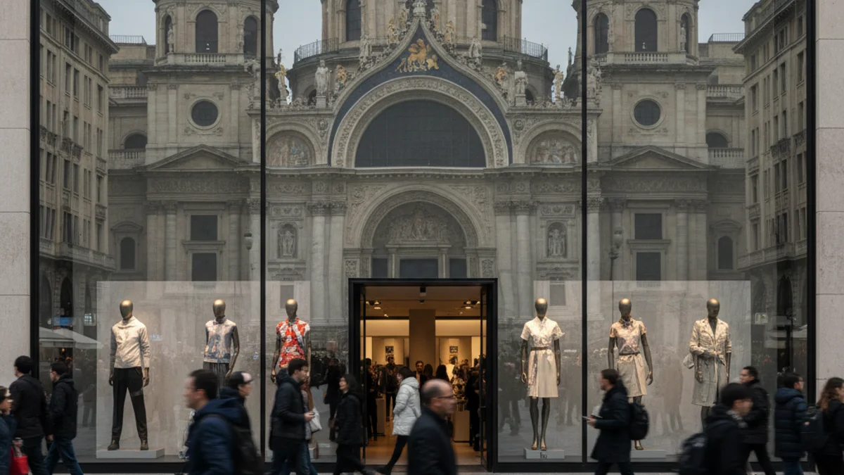 Fachada de una gran tienda de moda en una plaza céntrica de Barcelona, con figuras borrosas de peatones.
