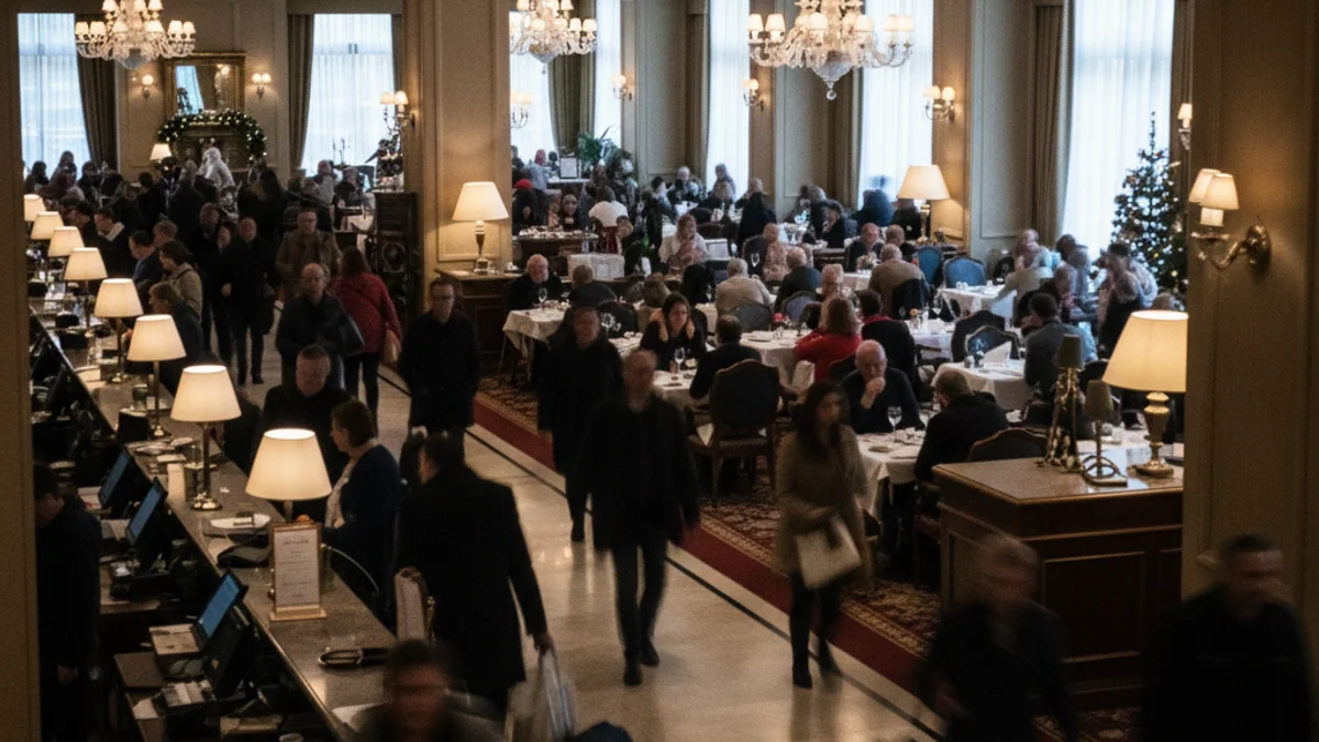 Imagen genérica de un vestíbulo de hotel con movimiento durante un período festivo de alta ocupación.