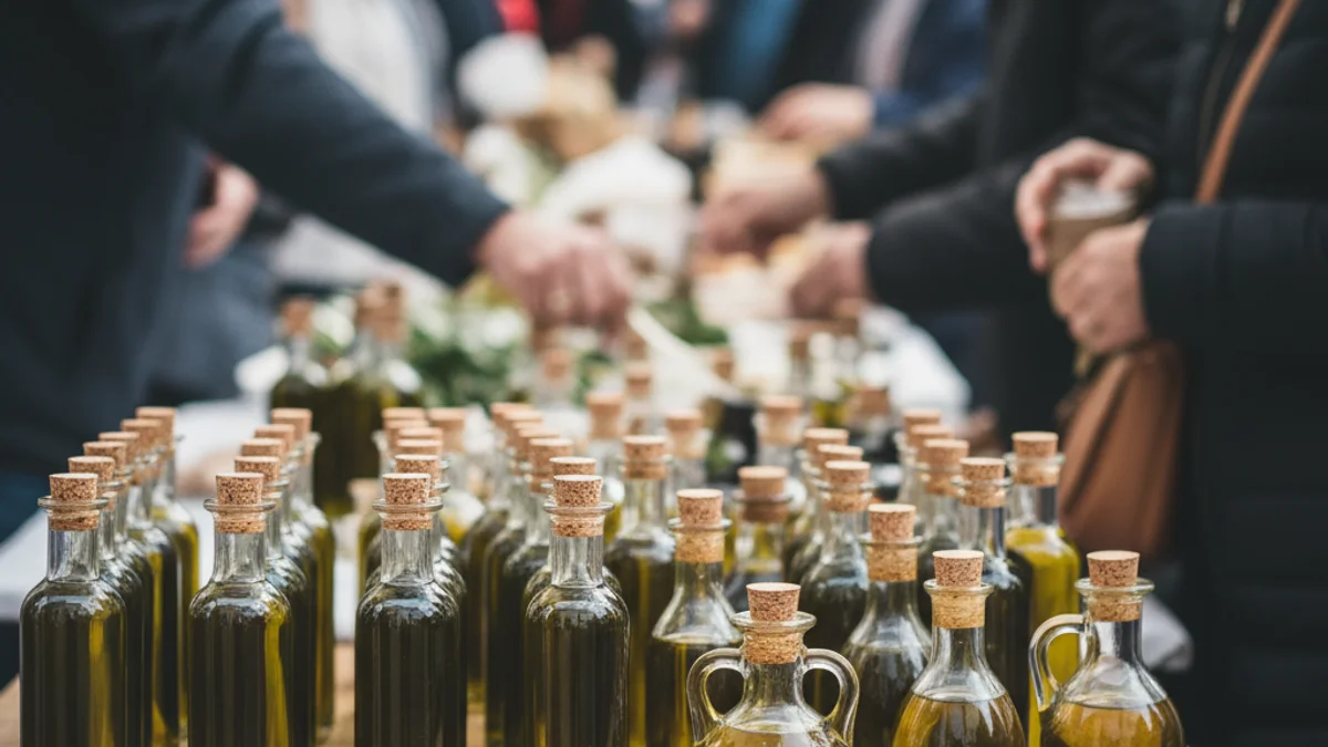 Imagen genérica de botellas de aceite de oliva virgen extra en una feria de productos locales.