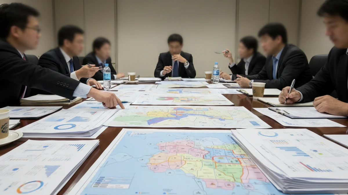 Representación genérica de una reunión de planificación económica con mapas y documentos sobre la mesa.