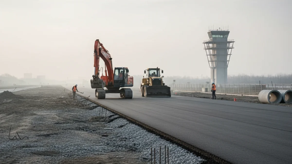 Vista genérica de una pista de aeropuerto con maquinaria de construcción en un día nublado.
