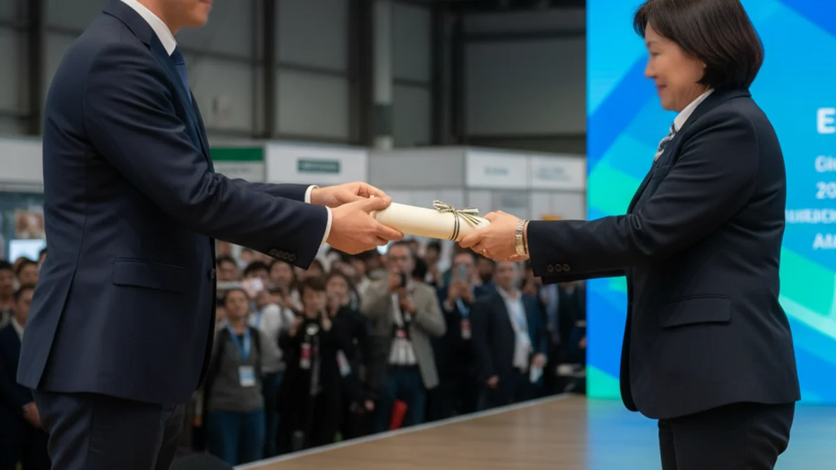Representantes institucionales recogiendo un premio o distintivo en un stand de feria de turismo internacional.