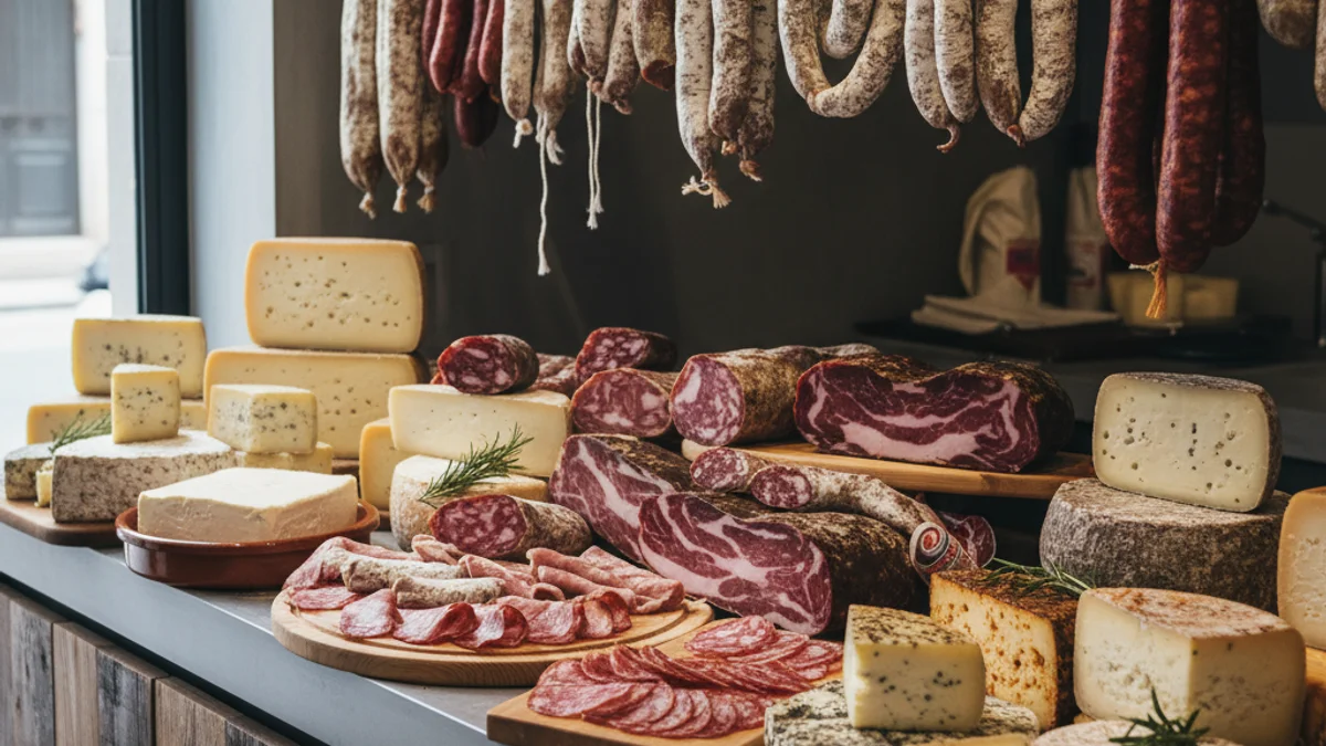 Imagen genérica de una charcutería moderna con embutidos catalanes expuestos y una zona de degustación.