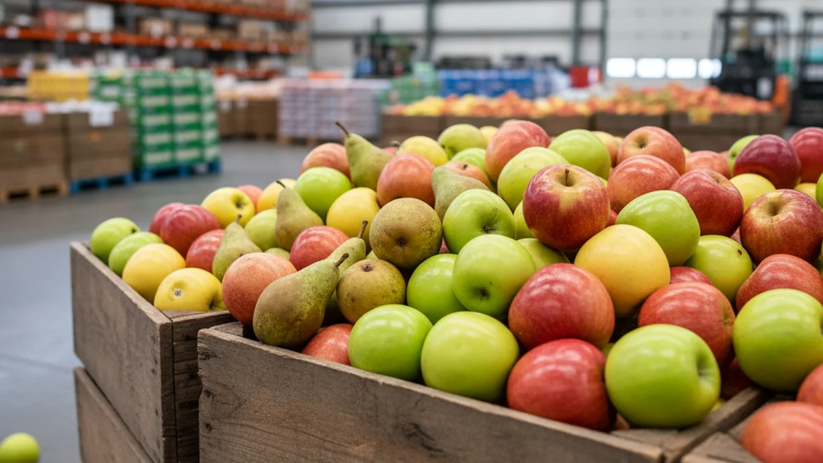 Manzanas y peras frescas apiladas en cajas de madera en un mercado o almacén agrícola.