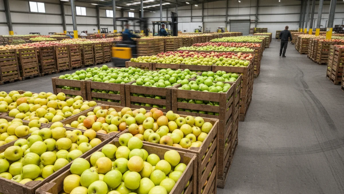 Imagen genérica de manzanas de varias variedades apiladas en cajas de madera en un almacén agrícola.