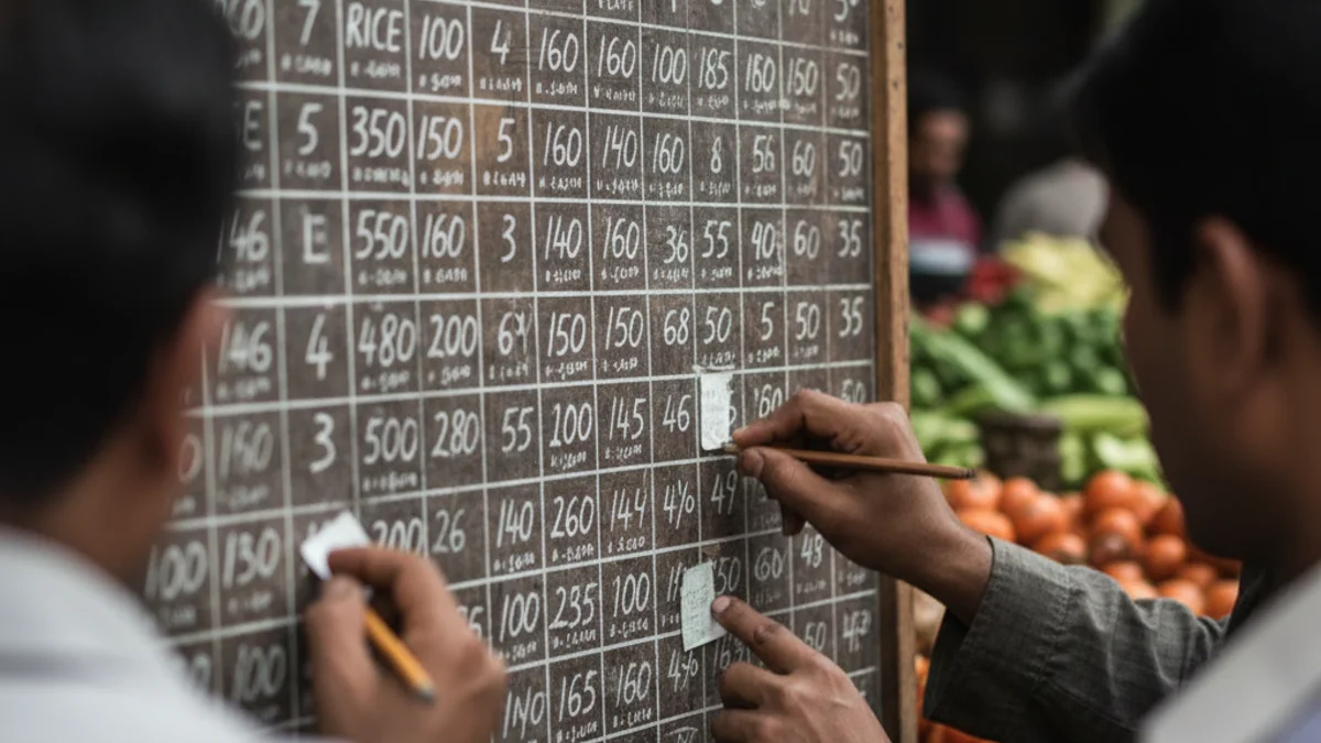 Tabla de precios o registro de datos en un mercado de productos ganaderos, simbolizando la cotización del cerdo.