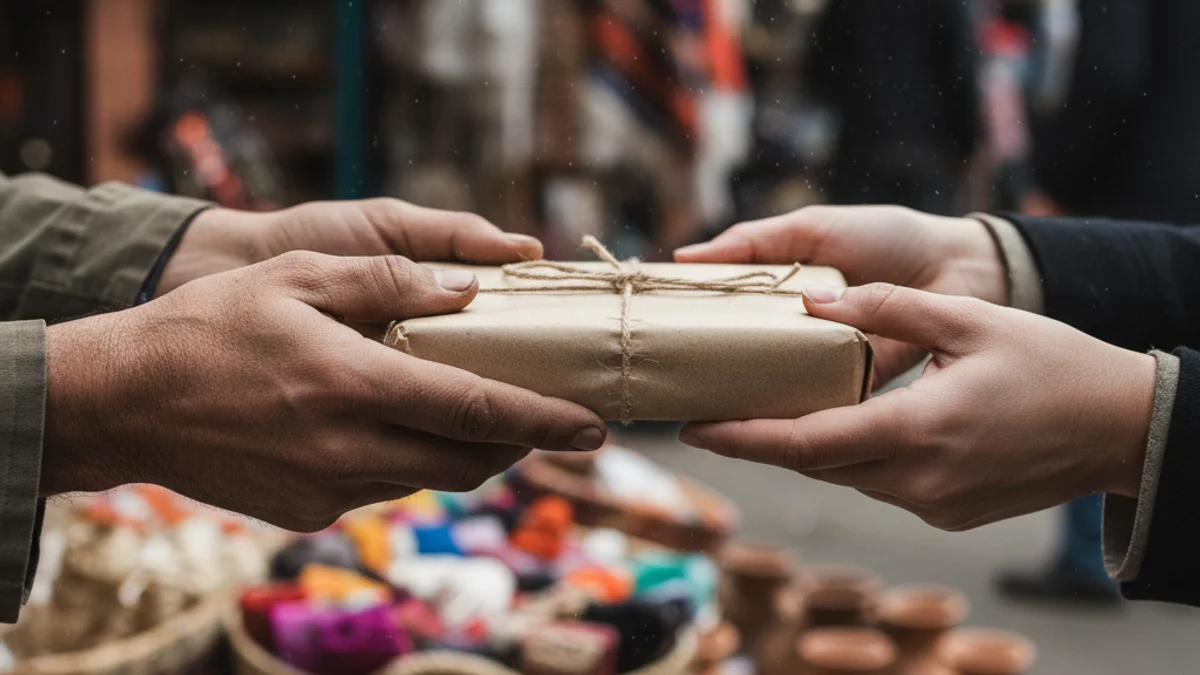Primer plano de unas manos intercambiando un libro o un objeto de decoración en un contexto de mercado de segunda mano.