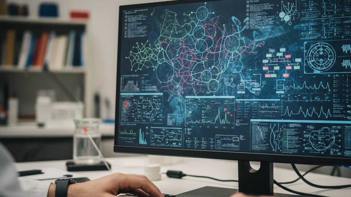 Representación visual de un modelo de inteligencia artificial analizando datos médicos complejos para la predicción de riesgos.