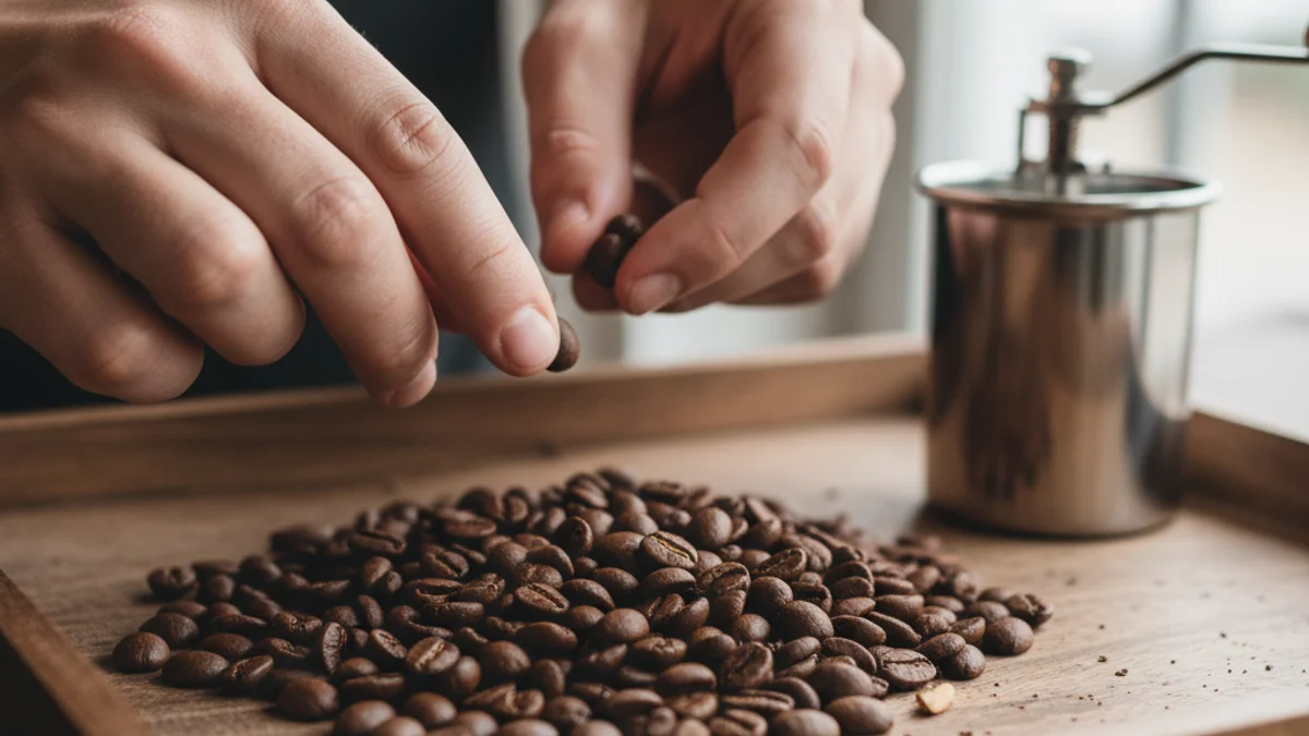 Granos de café recién tostados sobre una superficie de madera, simbolizando el origen y la calidad.