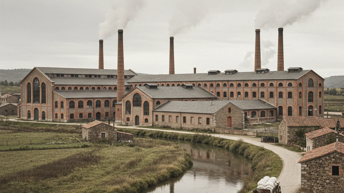 Imagen de archivo de una antigua fábrica textil con chimeneas en el Bages, símbolo de la industria local.