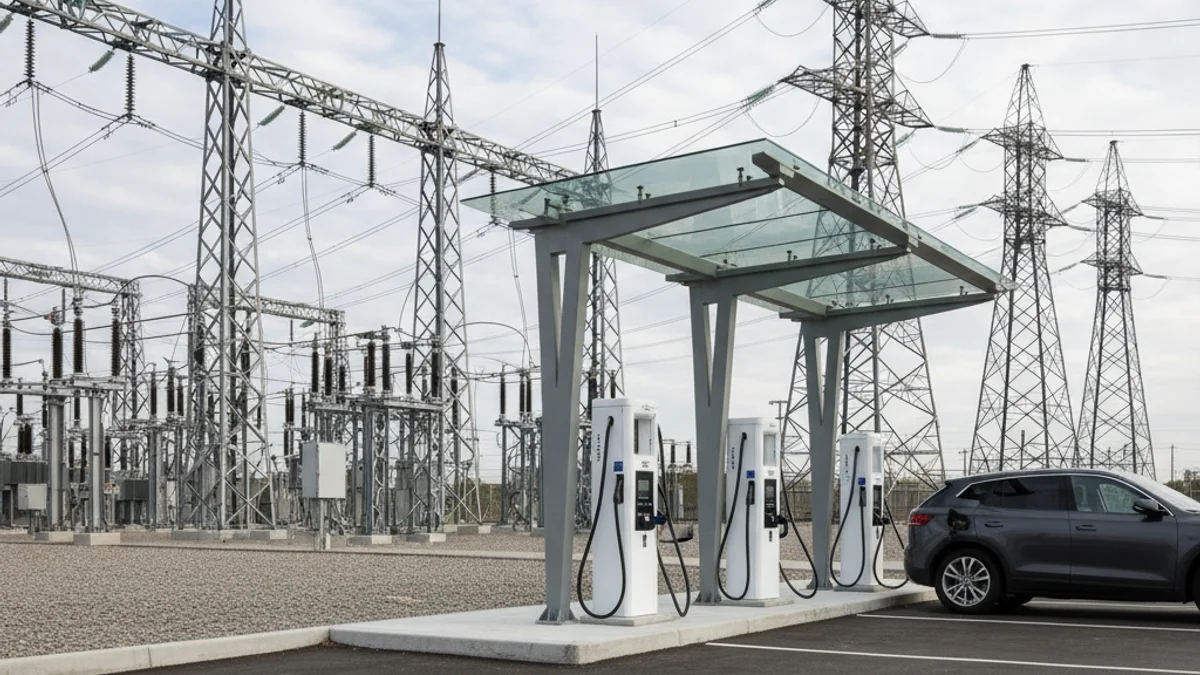 Representación visual de una estación de carga rápida de vehículos eléctricos con la red eléctrica de fondo.