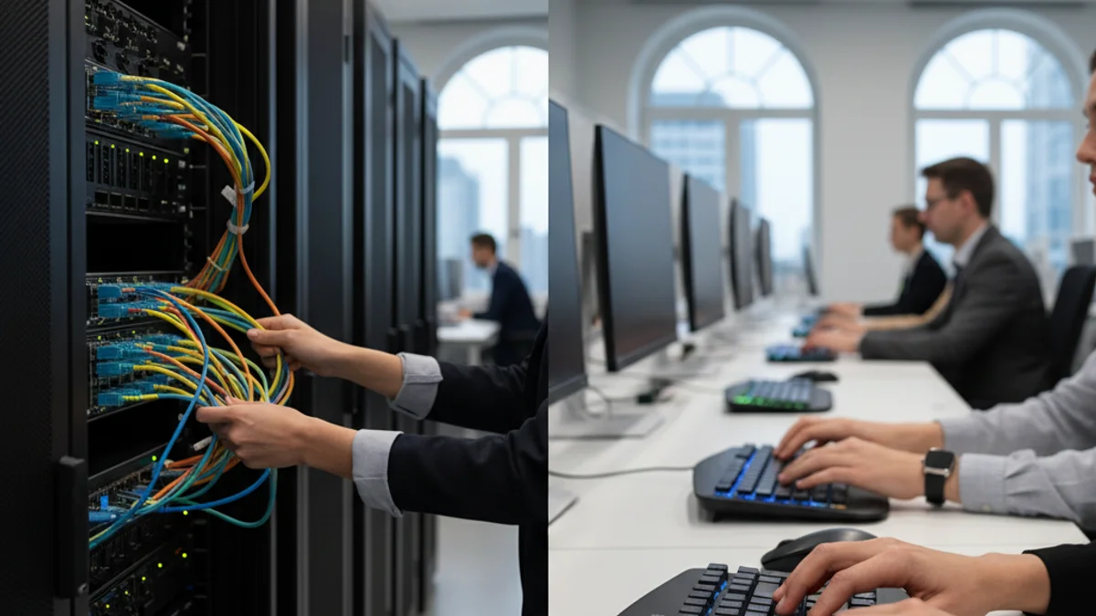 Imagen genérica de una oficina moderna de telecomunicaciones con figuras borrosas trabajando en ordenadores.